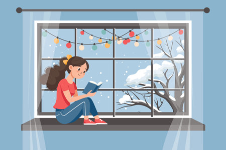 Cute girl reading book at the winter window. New Year and Christmas background. Cozy winter illustration for bookshop, library, bookstore.のイラスト素材