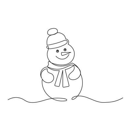Continuous one line drawing of cute snowman in hat and scarf. Holiday illustration, line art, greeting cardのイラスト素材