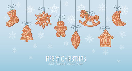Christmas background with hanging cute gingerbread cookies in snowflakes, greeting card template. Flat style illustration.のイラスト素材