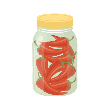 Pickled chili peppers in a glass jar. Canned vegetables. Illustration on a white background.のイラスト素材