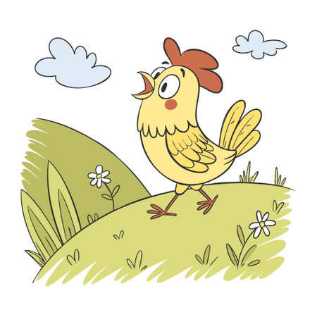 Cute cheerful chicken on a meadow with flowers. Hand drawn illustration for children.のイラスト素材
