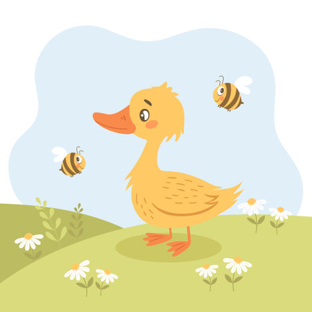 Cute little duckling and bees on a meadow with flowers. Spring illustration for children, postcardのイラスト素材