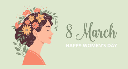 Postcard for International Women's Day March 8. Profile of a beautiful woman with flowers in her hair. Illustrationのイラスト素材