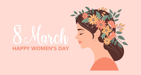Postcard for International Women's Day March 8. Profile of a beautiful woman with flowers in her hair. Illustrationのイラスト素材