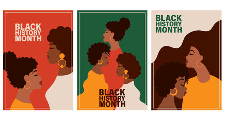 Black History Month with African American Women. Poster Set. Flat Style Illustration, Templatesのイラスト素材