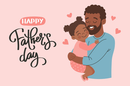 Happy Father's Day greeting card with cute African American dad holding his daughter. Holiday illustration in flat style.のイラスト素材