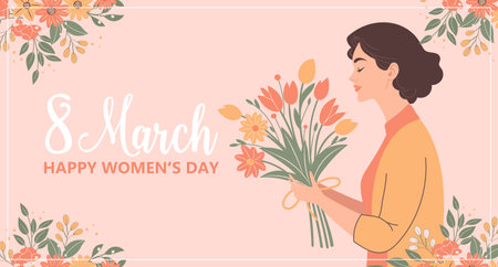 Happy womens Day card. Woman with a bouquet of spring flowers. Holiday illustration in flat style, postcard.のイラスト素材