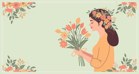 Happy womens Day card. Woman with a bouquet of spring flowers. Holiday illustration in flat style, postcard.のイラスト素材