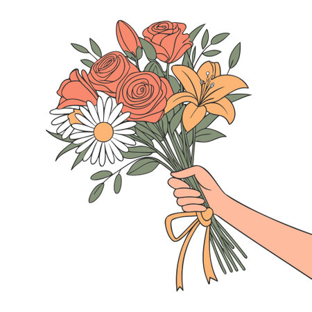 Hand holding bouquet of flowers. Hand drawn illustration.のイラスト素材