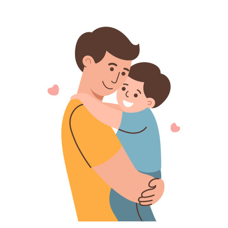 Happy father and son hugging and kissing. Cute flat illustration.のイラスト素材
