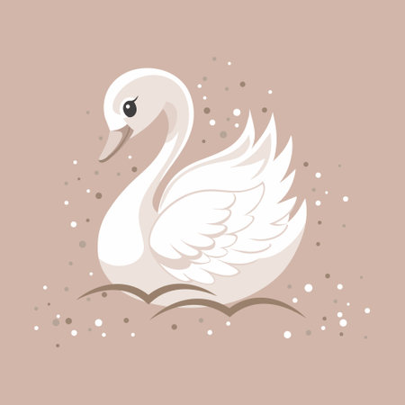 Cute white swan with pink crown on beige background. Children's illustration, postcard, template for congratulations.のイラスト素材