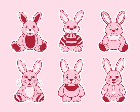 Set of cute plush bunnies in different poses. Collection of pink plush toys. Illustrationのイラスト素材