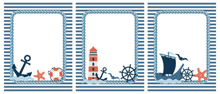 Set of marine frames with anchor, lighthouse, steering wheel, starfish and seagulls on striped background. Illustrationのイラスト素材