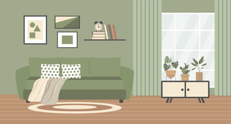 Living room interior with sofa, bookshelf, coffee table, house plants and picture frames. Modern design, flat style illustration.のイラスト素材