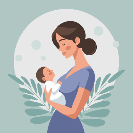 Cute happy woman with newborn baby, mother holding her baby in her arms. Flat style illustrationのイラスト素材