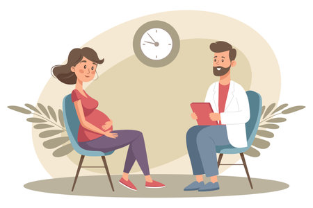 Pregnant woman sitting with doctor. Prenatal doctor consultation. Monitoring pregnancy and healthy. Flat style illustrationのイラスト素材