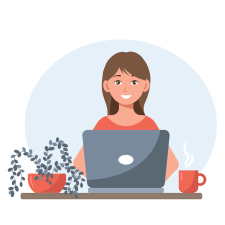 Woman working on laptop at home. Freelance, remote work, freelance concept. Flat style illustration.のイラスト素材