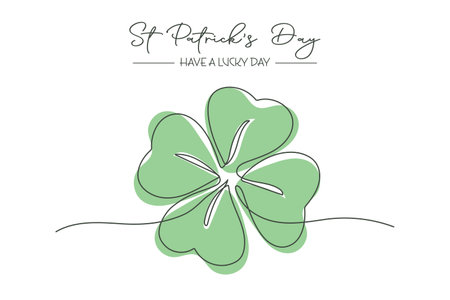 Happy St. Patricks Day greeting card with shamrock. Continuous one line drawing of clover leaf. Holiday Illustrationのイラスト素材