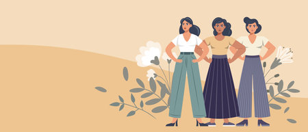 Empowered women on floral background. Feminism and equality concept. Flat style illustration.のイラスト素材