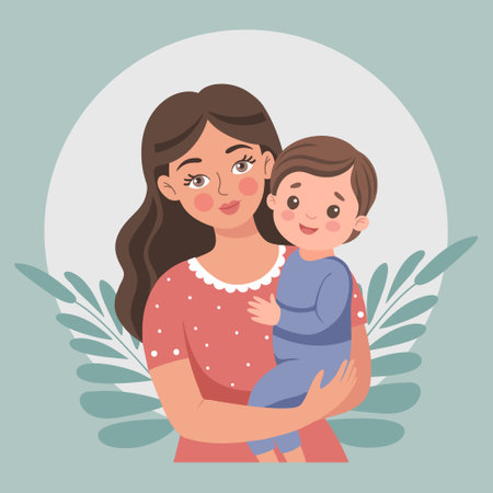 Loving mother and child. Portrait of family affection. Happy mother holding her son in her arms. Mother's day card. Flat style illustration.のイラスト素材