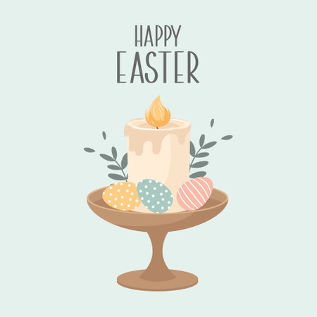Happy Easter candle with decorated eggs and floral elements. Simple illustration. Cute spring greeting card.のイラスト素材