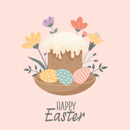 Happy Easter card with decorated eggs wreath and floral elements. Simple illustration. Cute spring...