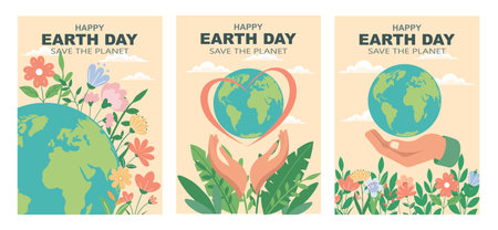 Earth day poster set with globe, hands, flowers, and the text Save the Planet. Set of Happy Earth Day banners. Illustration.のイラスト素材
