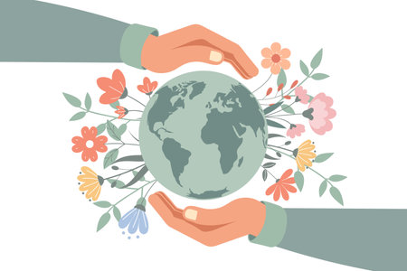 Happy earth day card with hands holding a globe with flowers and leaves. Flat style. Poster.のイラスト素材