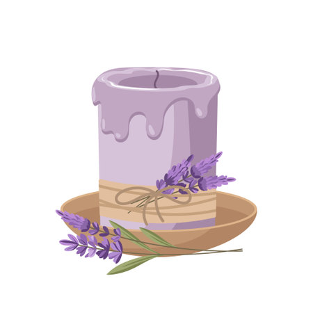 Lavender scented candle with floral decor. Cute candle with lavender flowers. Flat style illustration, postcard.のイラスト素材