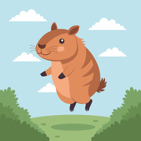 Cute capybara jumping with joy in nature. Illustration, print, postcard for children.のイラスト素材