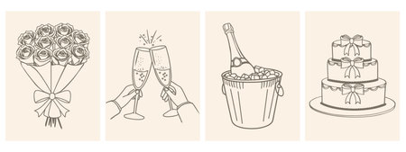 Set of hand drawn wedding invitation cards with champagne, cake and flowers. Ink drawing. Vintage illustrations.のイラスト素材