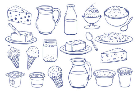 Milk products set. Collection of hand drawn dairy products, including cheese, milk, butter, yogurt, sour cream and ice cream. Doodle sketch icons.のイラスト素材