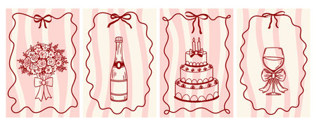 Wedding ceremony invitation cards with champagne bottle, cake and flowers. Hand drawn fancy greeting cards. Sketch.のイラスト素材