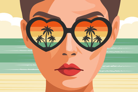 Woman wearing heart shaped sunglasses reflecting tropical sunset. Summer time, vacation concept. Travel illustration.のイラスト素材
