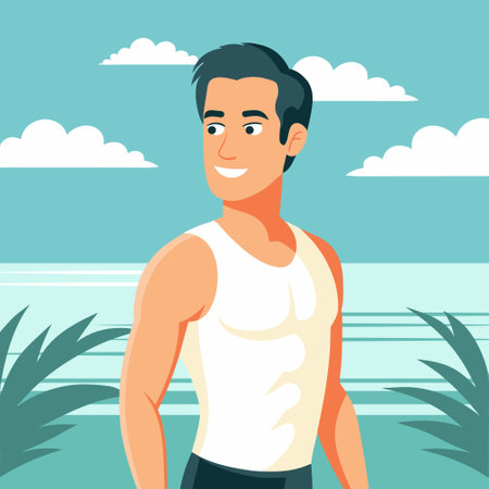 Smiling man athlete in white t shirt enjoying sun on beach. Summer time, vacation concept. Travel illustration.のイラスト素材