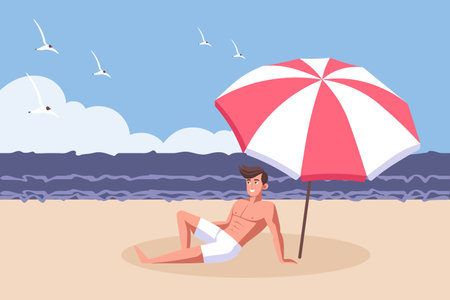 Young man sunbathing on the beach under an umbrella. Summer time, vacation concept. Travel illustration.のイラスト素材