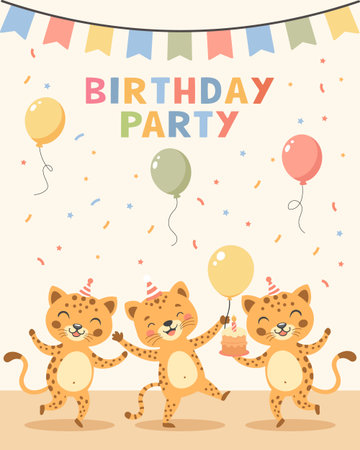 Birthday party invitation card with cute leopards and gifts. Birthday greeting card. Illustration for postcard, invitation, poster, print.のイラスト素材