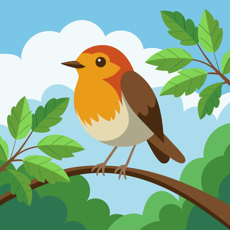 Cute robin bird sitting on a branch. Beautiful nature background. Illustration in flat style.のイラスト素材