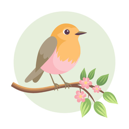 Cute robin bird sits on a tree branch with flowers. Flat style illustration.のイラスト素材