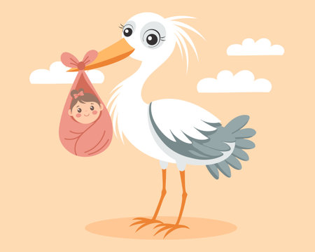 Cute stork with newborn baby girl. Illustration, greeting postcard, announcement.のイラスト素材