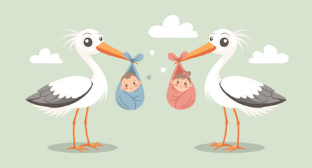 Cute storks with newborn babies in their beaks. Illustration, postcard announcement.のイラスト素材