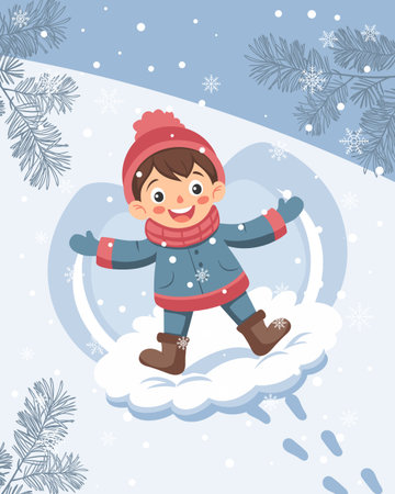 Happy child making a snow angel. Cute little boy playing with snow. Winter season illustration.のイラスト素材