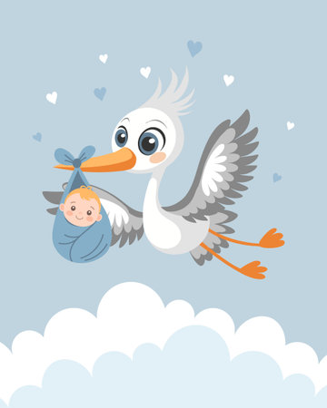 Baby shower invitation with stork carrying cute baby in bag on blue sky background for greeting card, baby album, boy birthday party, poster.のイラスト素材