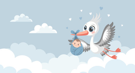 Baby shower invitation banner with stork carrying cute baby in bag for greeting card, baby album, boy birthday party.のイラスト素材