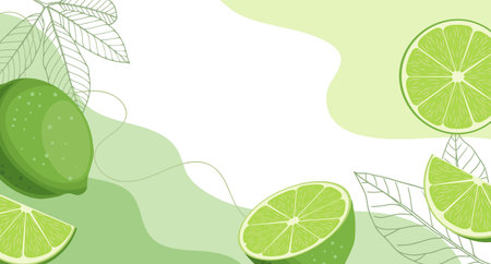 Citrus background with limes and leaves. Abstract tropical fruit background.のイラスト素材
