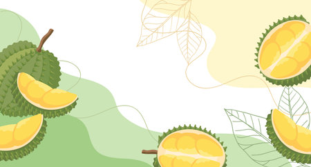Fresh exotic durian fruit composition, cut and whole fruits. Abstract tropical fruit background.のイラスト素材