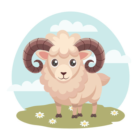 Charming cute ram in a sunny meadow. Sheep. Farm animals with landscape. Illustration.のイラスト素材