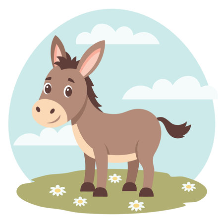 Cute donkey in a sunny meadow with flowers. Farm animal with landscape. Illustration.のイラスト素材