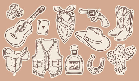 Hand drawn wild west cowboy stickers set. Retro elements collection. Outline illustration.のイラスト素材