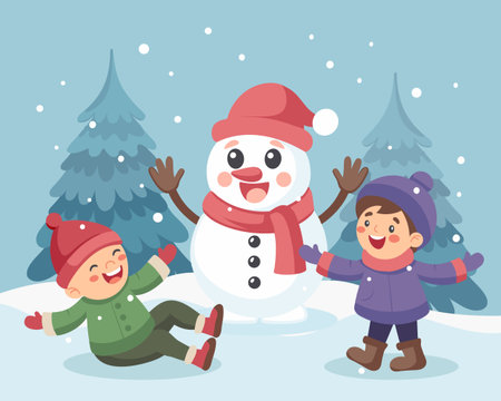 Happy children playing in winter snow with snowman. Christmas and New Year concept illustration.のイラスト素材